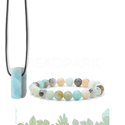 Natural Amazonite Beads Stretch Bracelets & Pendant Necklaces Sets for Men PW-WGF85DB-03-1