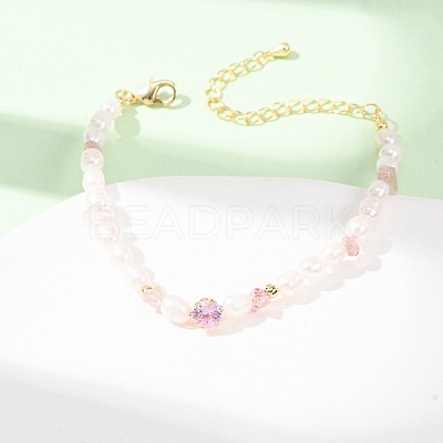 Natural Strawberry Quartz Chip and Rice Natural Pearl Beaded Bracelets GG-CBA3297-13G-C-1