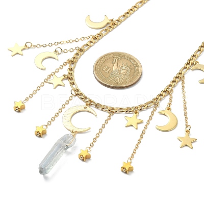 Moon & Star 304 Stainless Steel & Natural Quartz Crystal Charms Bib Necklace NJEW-TA00094-1