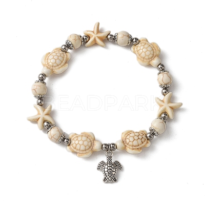 Starfish & Turtle Dyed Synthetic Turquoise Beaded Stretch Bracelets BJEW-JB10925-01-1