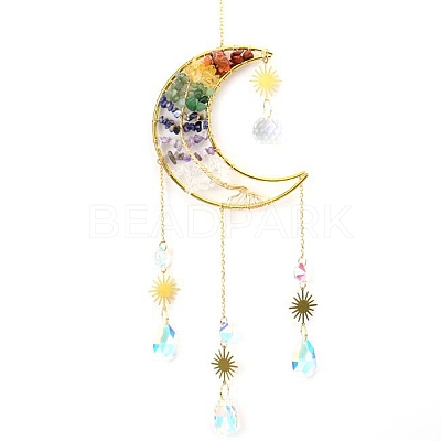 Copper Wire Wrapped Gemstone Chips & Metal Moon with Tree of Life Pendant Decorations PW23111624948-1