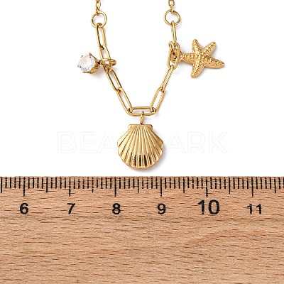 Shell Shape & Starfish 304 Stainless Steel Rhinestone Pendant Necklaces for Women NJEW-M107-02G-1