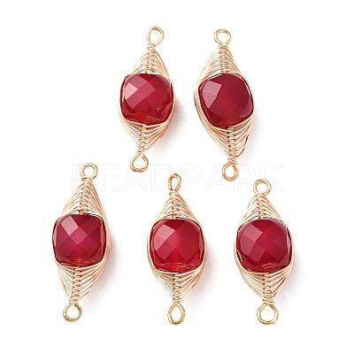 Natural Red Corundum Faceted Cube Links Connector Charms with Copper Herringbone Wire-Wrapped KK-Z152-06G-01A-1