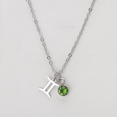 304 Stainless Steel Peridot Rhinestone Birth Stone Constellation Pendant Necklaces FS-WG76580-20-1