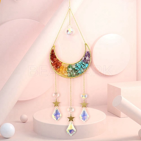 Copper Wire Wrapped Gemstone Chips & Metal Moon Pendant Decorations PW23101760858-1