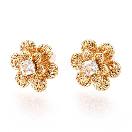 Brass Pave Clear Cubic Zirconia Stud Earrings KK-T077-19G-1