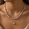 304 Stainless Steel Heart Pendant White Faux Pearl and Natural Amethyst Faceted Round Beaded Double Layer Necklaces for Women JN5423-1-1