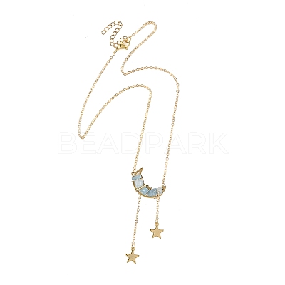 Natural Aquamarine Chip Beads Moon Pendant Brass Cable Chain Necklaces for Women NJEW-TA00257-04-1