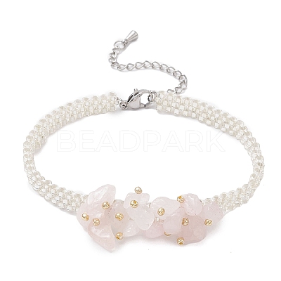 Handmade Glass Seed Beaded & Natural Rose Quartz Chips Beaded Bracelets for Women BJEW-MZ00225-03-1