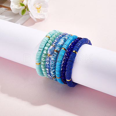 7Pcs 7 Style Handmade Polymer Clay Heishi Surfer Stretch Bracelets Set BJEW-SW00073-06-1