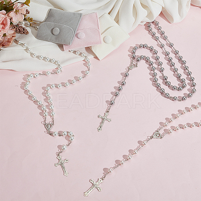 3Pcs Round White Glass Pearl Rosary Bead Necklaces NJEW-GO0001-18-1