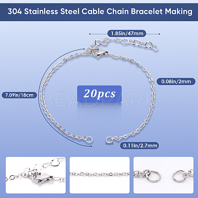 20Pcs 304 Stainless Steel Cable Chain Bracelet Making AJEW-SP0001-01-1