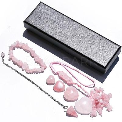Natural Rose Quartz Dowsing Pendulum Cone Big Pendants & Heart Massage Stone & Bracelet & Pendant Decoration Sets PW-WG73208-01-1