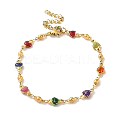 304 Stainless Steel Enamel Colorful Heart Link Chains Bracelets for Women BJEW-B079-01G-1