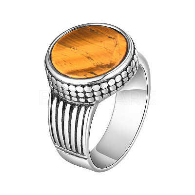 304 Stainless Steel with Natural Tiger Eye Finger Rings for Men FS-WGE1297-01-1