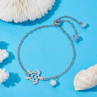 Adjustable 304 Stainless Steel Hollow Turtle Slider Bracelet BJEW-JB09812-02-1