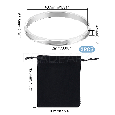3Pcs Egg Shaped 201 Stainless Steel Grooved Hinged Bangles STAS-UN0048-67-1