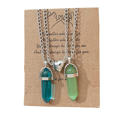 2Pcs Glass Double Faceted Pointed Bullet Pendant Couple Necklaces with Heart Magnetic Clasps FS-WG058EE-02-1