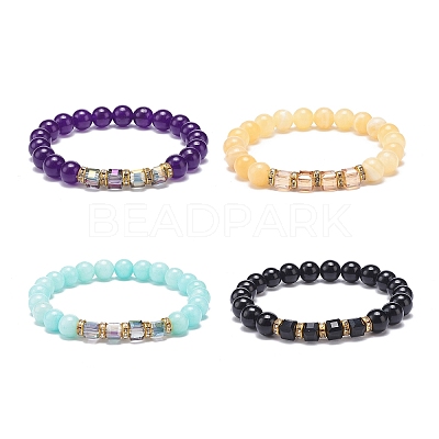 4Pcs 4 Style Natural Mixed Gemstone & Glass Cube Beaded Stretch Bracelets Set for Women BJEW-JB08855-1