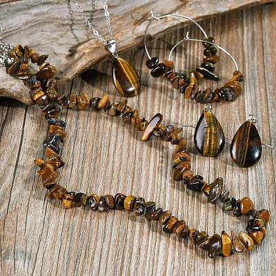 Bohemian Style Natural Tiger Eye Teardrop Pendant Necklaces & Chip Beaded Necklaces & Hoop Earrings & Dangle Earrings Sets WG11994-02-1