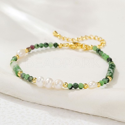 Faceted Round Natural Ruby in Zoisite & Column Green Spot Jasper & Freshwater Pearl Beaded Necklaces & Bracelets Sets for Women ZI1839-3-1