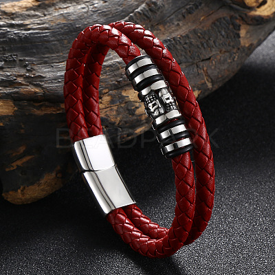 Stainless Steel Skull Beaded Leather Double Layer Multi-strand Bracelet SKUL-PW0004-26C-02-1