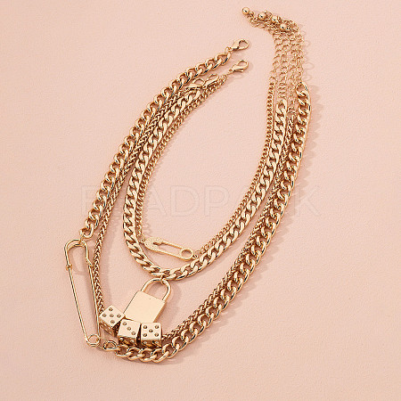 Alloy Lock Pendant Safety Pin Dice Chain Multi-Layered Necklaces FS-WG7F0DA-04-1