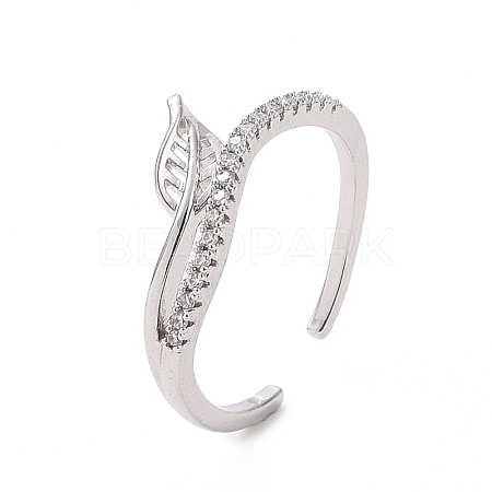 Clear Cubic Zirconia Leaf Open Cuff Ring RJEW-I094-10P-1