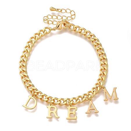 Letter DREAM Brass Charm Bracelets for Women BJEW-L696-111G-1