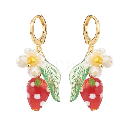 Lampwork Strawberry with Plastic Pearl Flower Dangle Leverback Earring EJEW-TA00130-1