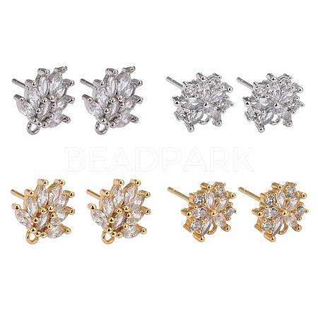 4 Pairs 2 Style Brass Mirco Pave Clear Cubic Zirconia Stud Earring Findings EJEW-ZZ0001-01-1