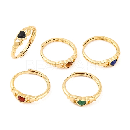 Hand with Heart Natural Mixed Stone Adjustable Rings RJEW-Q817-06G-1