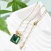 Square 304 Stainless Steel Green Glass Pendant Necklaces NJEW-L157-07G-2