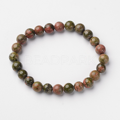 Natural Unakite Round Bead Stretch Bracelets BJEW-L594-A02-1