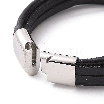 Black Leather Braided Cord Multi-strand Bracelet with 201 Stainless Steel Magnetic Clasps BJEW-P275-08P-1