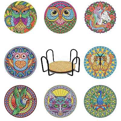 DIY Owl/Unicorn/Buttefly/Cat/Peacock/Hummingbird Pattern Coaster Diamond Painting Kits ANIM-PW0001-177-1