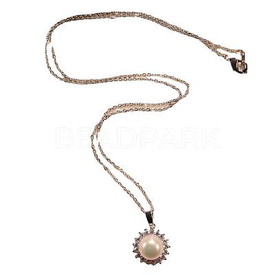 Flower Brass Micro Pave Clear Cubic Zirconia with Natural Freshwater Pearl Pendant Necklace & Stud Earrings & Finger Ring WG8FE37-01-1
