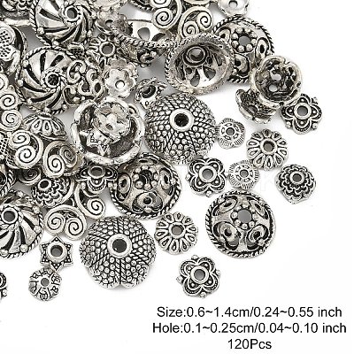 120Pcs 12 Styles Tibetan Style Alloy Bead Caps TIBE-YW0001-61-1