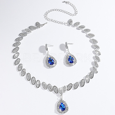 Teardrop Brass Rhinestone Pendant Necklace & Stud Dangle Earrings Sets for Women FS-WG71281-05-1