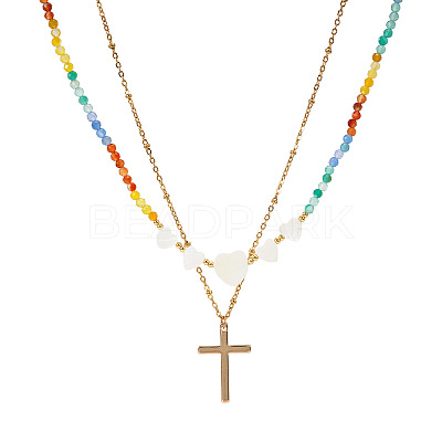 Summer Beach Rainbow Natural Mixed Stone and White Shell Heart Beaded Double Layer Necklaces with Stainless Steel Religion Cross Pendant EX6128-1-1