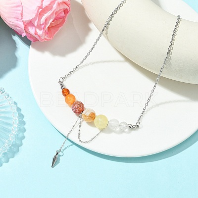 Natural Carnelian & Red Agate & Quartz Crystal Round Graduated Beaded Pendant 304 Stainless Steel Cable Chain Necklaces for Women NJEW-TA00242-01-1