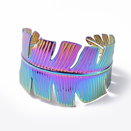 Ion Plating(IP) 304 Stainless Steel Feather Open Cuff Bangle for Women BJEW-F442-01MC-1
