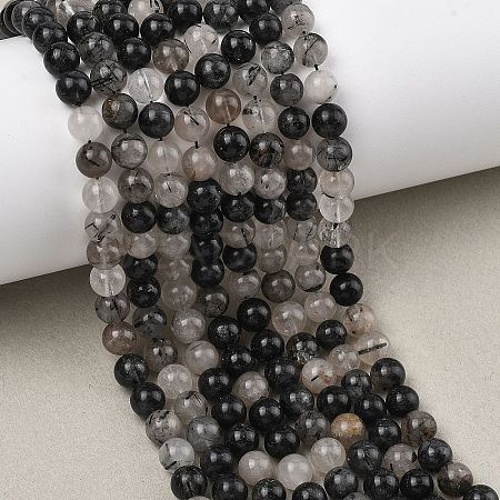 Natural Tourmalinated Quartz/Black Rutilated Quartz Beads Strands G-D361-01A-6-7mm-1