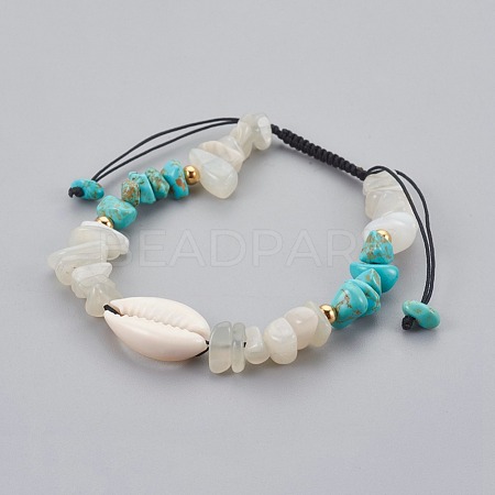 Synthetic Turquoise(Dyed) & Natural White Moonstone Chip Braided Bead Bracelets BJEW-JB04080-03-1