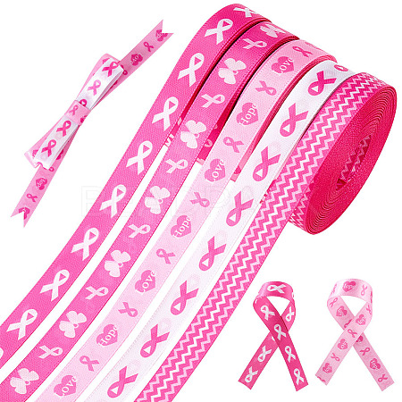 5Rolls 5 Styles Polyester Wave/Breast Cancer Awareness Ribbon Printed Ribbon OCOR-PH0004-22-1