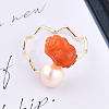 Natural Pearl with Jade Flower Open Cuff Ring RJEW-T026-02G-2