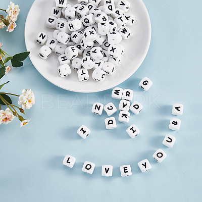 20Pcs White Cube Letter Silicone Beads 12x12x12mm Square Dice Alphabet Beads with 2mm Hole Spacer Loose Letter Beads for Bracelet Necklace Jewelry Making JX432V-1