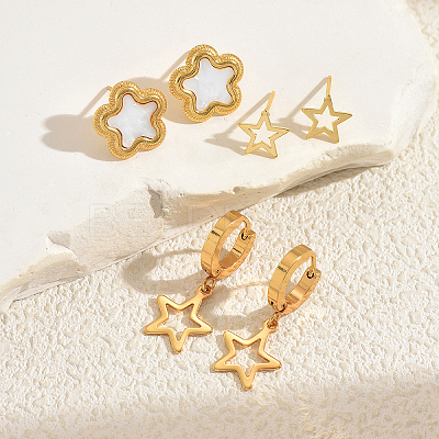 3 Pairs Stainless Steel Flower & Hollow Star Earring Sets BQ9820-1