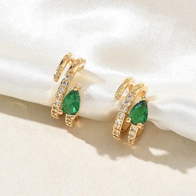 C-Shaped with Teardrop Brass Micro Pave Cubic Zirconia Cuff Earrings EJEW-L316-01G-13-1