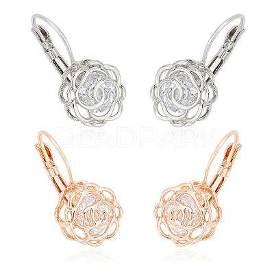 2 Pairs 2 Colors Clear Cubic Zirconia Rose Flower Leverback Earrings EJEW-AN0002-85-1